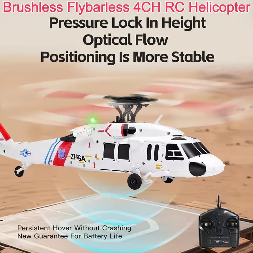 Elicottero RC Brushless a Quattro Canali con Quattro Pale, Senza Aileron, con Giroscopio a 6 Assi, Edizione Fissa con Flusso Ottico - Regalo Perfetto