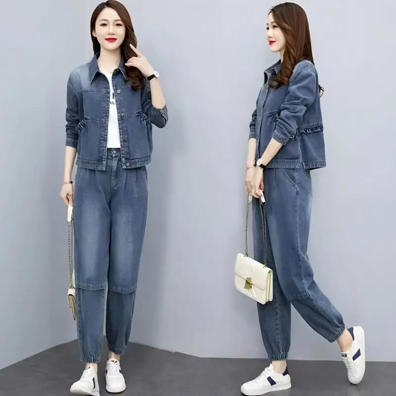 Women's jeans dresses 2024 New spring autumn Casual jacket short jeans coat + cowboy pants in waist elastic set of 2 pieces female dresses