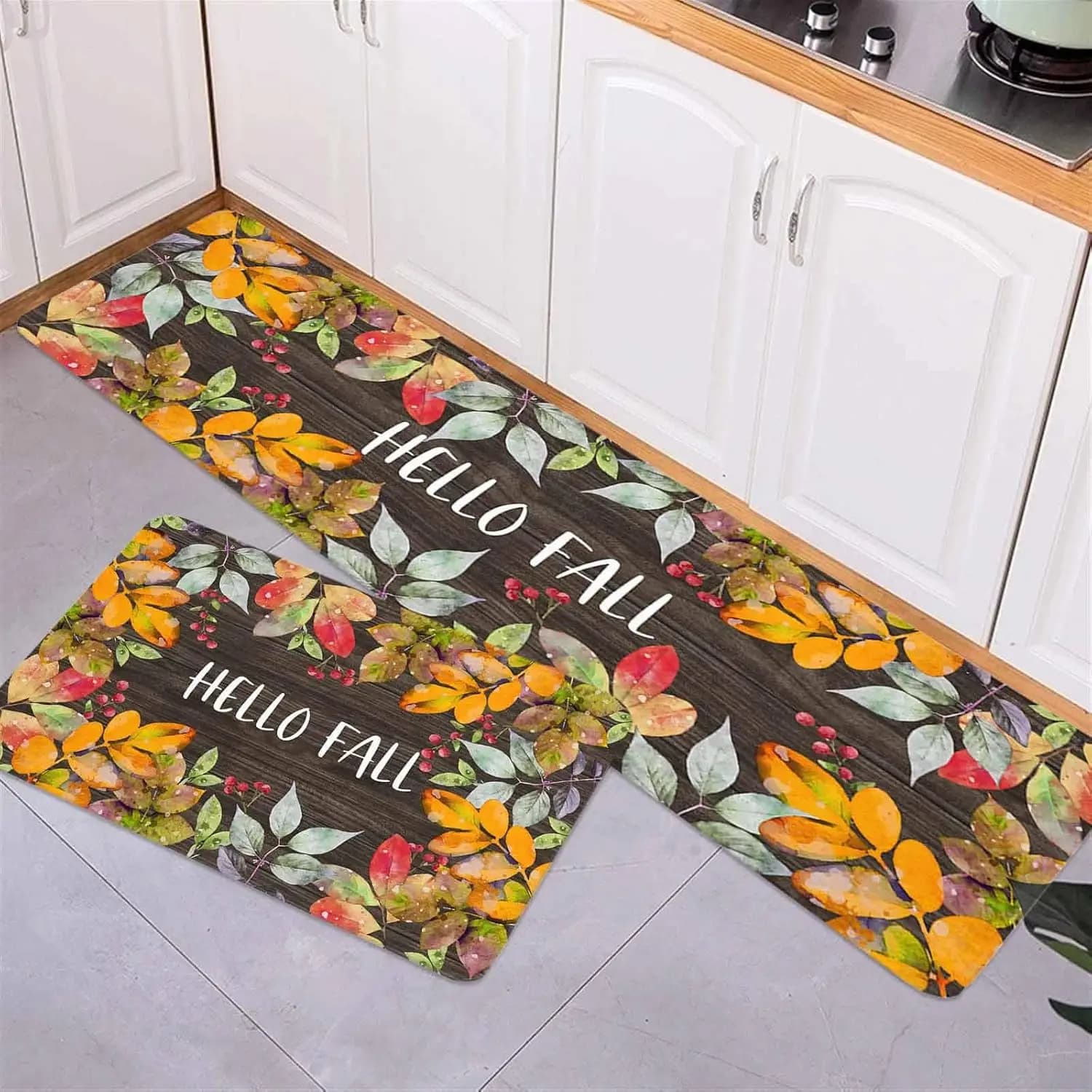 Hello Fall Leaf Wood Grain Kitchen Mat Home Decor Non-Slip Corridor Balcony Rugs Bedroom Bedside Floor Mat Bathroom Door Mat