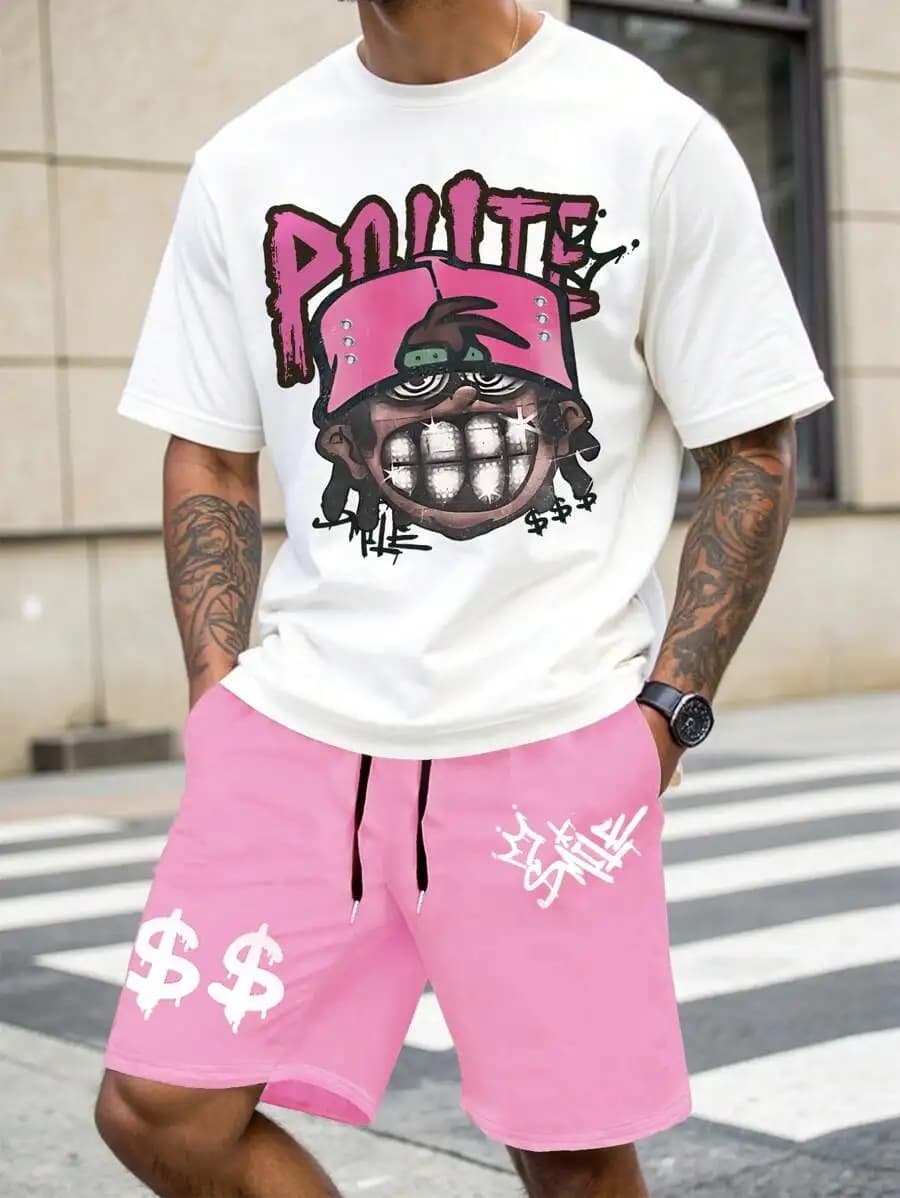 Manfinity EMRG Men Hip-Hop Character Portrait Print Drawstring Waist T-Shirt And Shorts Set, Pink Short Men's Two Pieces Hip