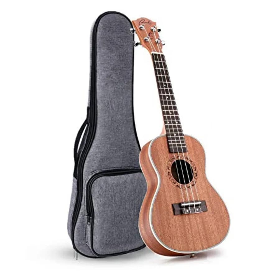 Ukulele da concerto per mancini da 23 pollici per uso professionale, corpo in legno massello, finitura naturale, include custodia imbottita per protezione.
