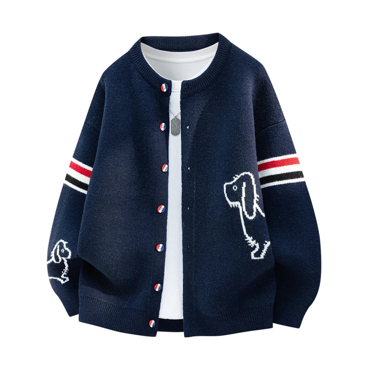 Fashion Brand Knitted Cardigan Men's Autumn Cute Puppy Print Color Blocking Striped Button Design Couple Casual Sweater Coat
