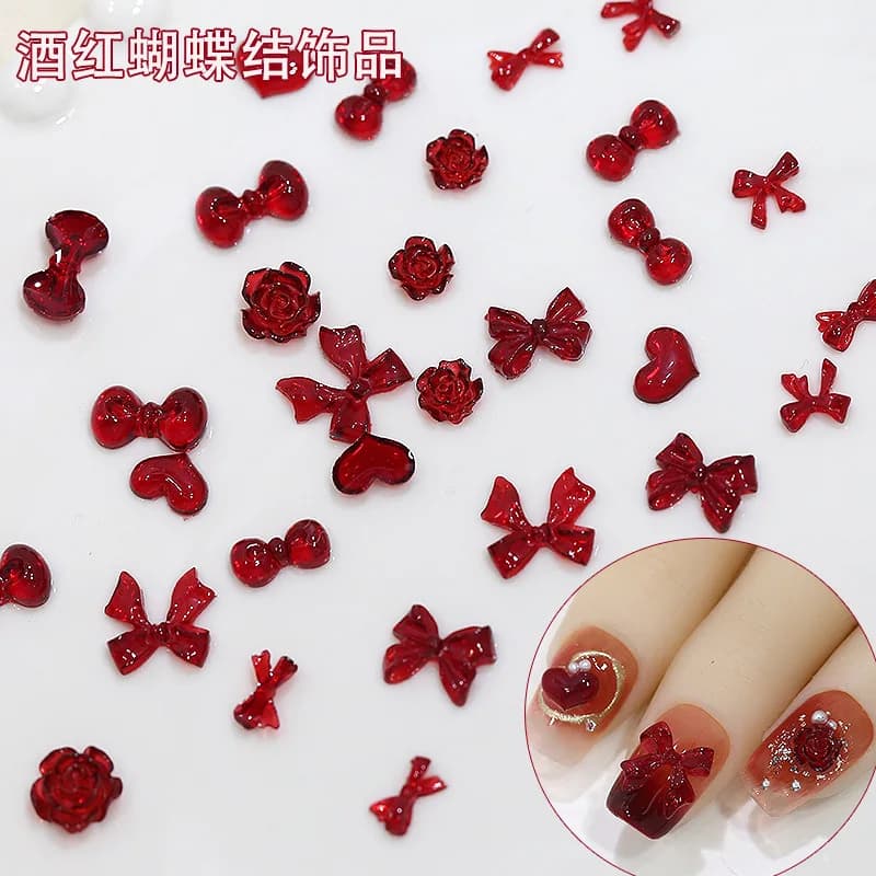 Accessori per nail art con fiocco rosso angolano, nastro 3D rosso vino, fiocco a camelia, cuore d'amore, decorazioni in resina per unghie, nuovi componenti fai da te