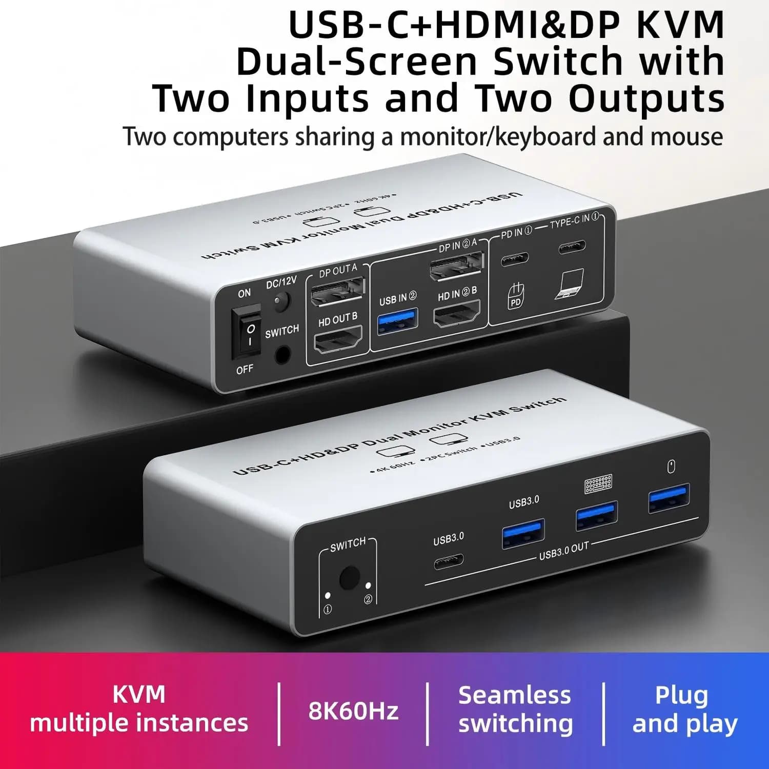 Switch KVM USB C HDMI DP 2 monitor 2 computer, switch KVM a doppio monitor 4K @ 60Hz per 2 PC/laptop Condividi tastiera mouse PD 100W