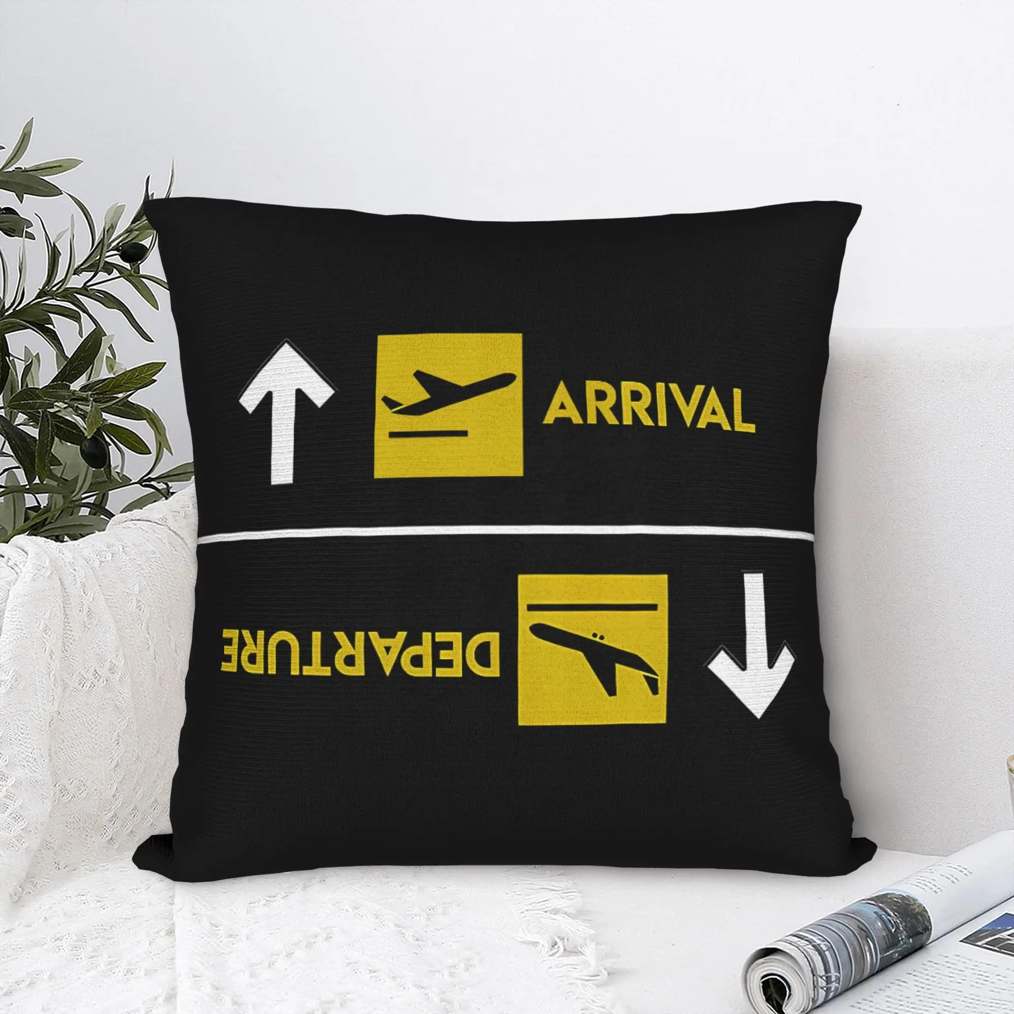 Fodera per cuscino decorativa con design a tema aeroportuale (arrivo/d partenza), lavabile in lavatrice con cerniera, per soggiorno