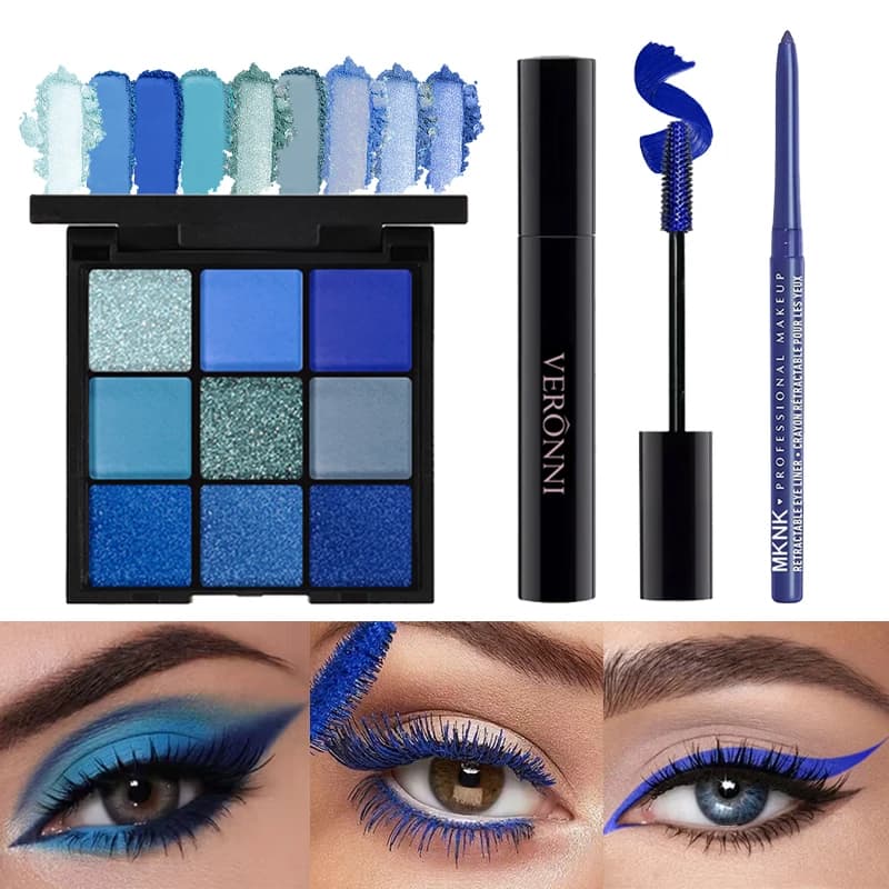 Set di trucco per occhi blu da 3 pezzi, palette di ombretti glitterati opachi a 9 colori + mascara blu + matita per occhi impermeabile a lunga durata per feste