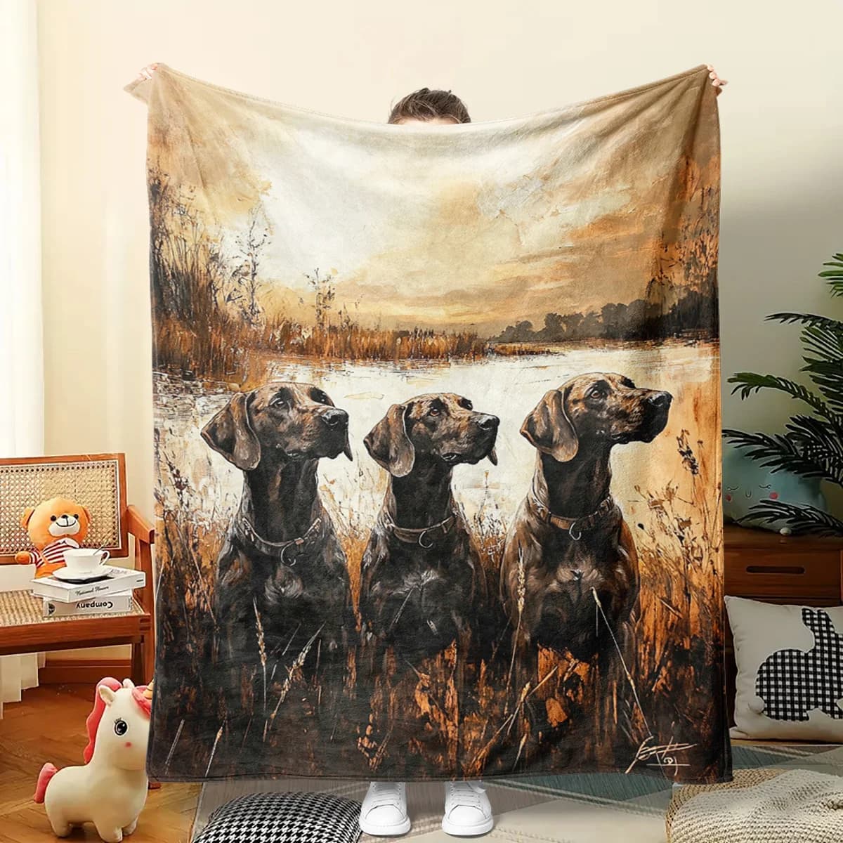 Oil painting style hunting dog theme Flannel printed blanket suitable for all seasons suitable for living office sofa and travel
