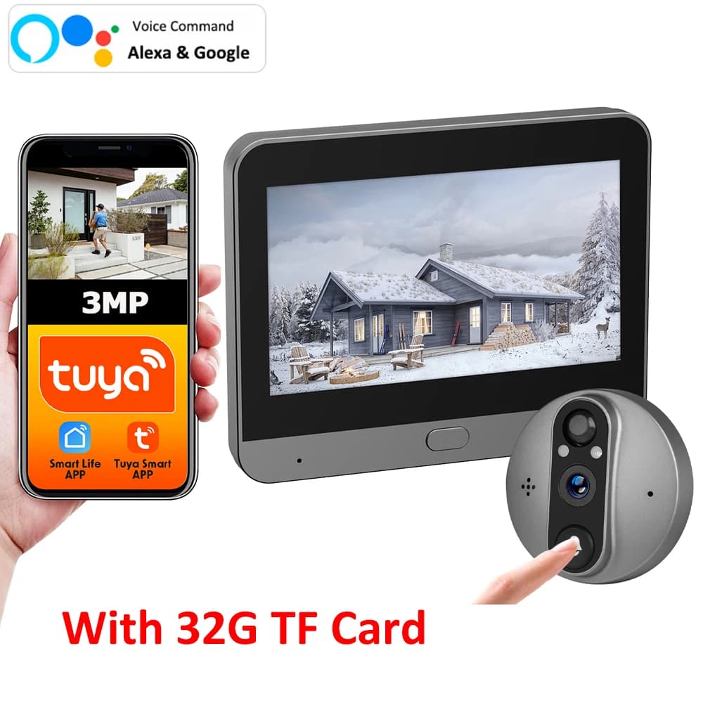 3MP Tuya Smart Life WiFi Batteria Spioncino Cat Eye Visualizzatore Alexa Google Audio Video bidirezionale Campanello Telecamera per porta Scheda TF 32G Include