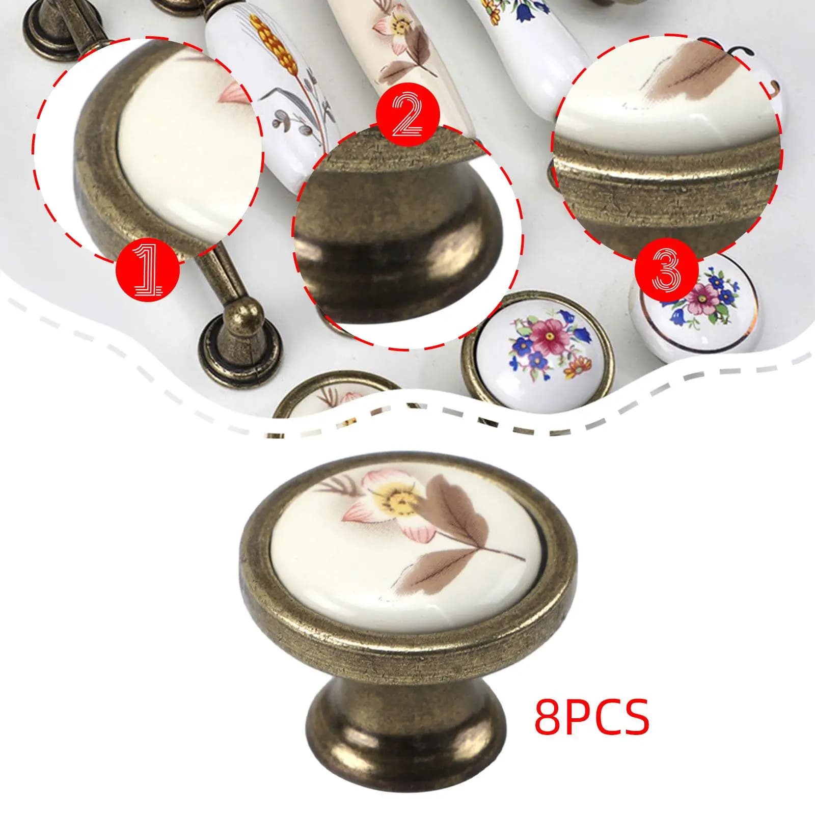 8 pomelli per mobili in ceramica, maniglie rotonde vintage con viti, hardware floreale
