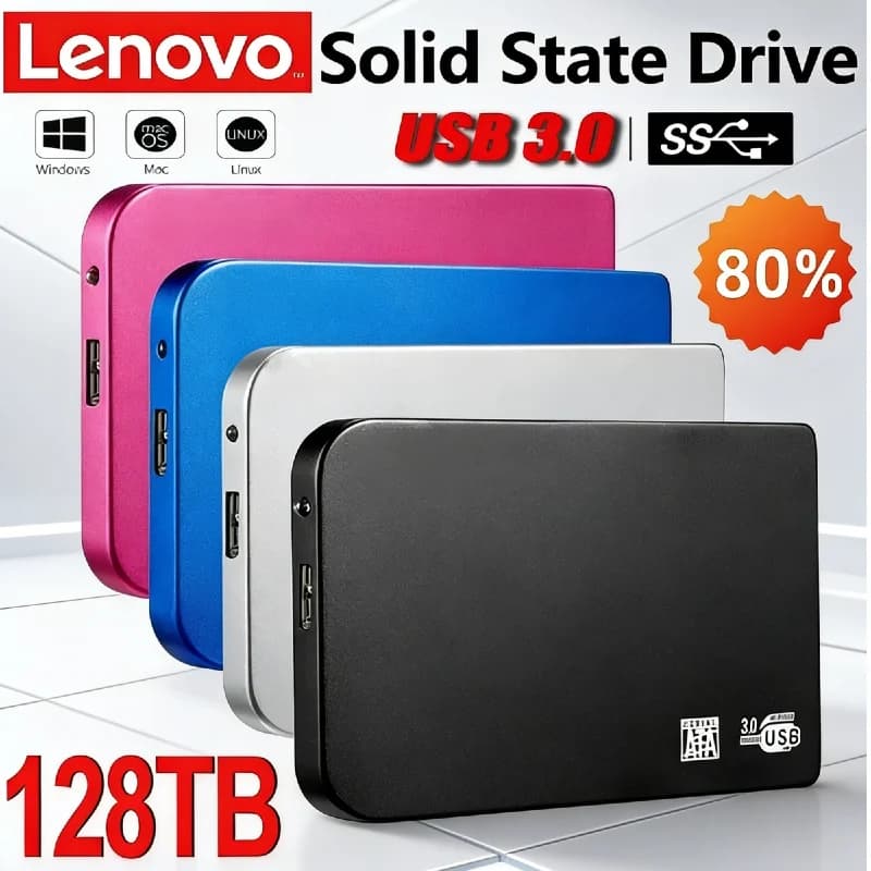 Lenovo USB3.0 SSD Enclosure 128TB, custodia esterna ad alta velocità per disco rigido, in ABS, box di archiviazione portatile HDD/SSD con cavo USB