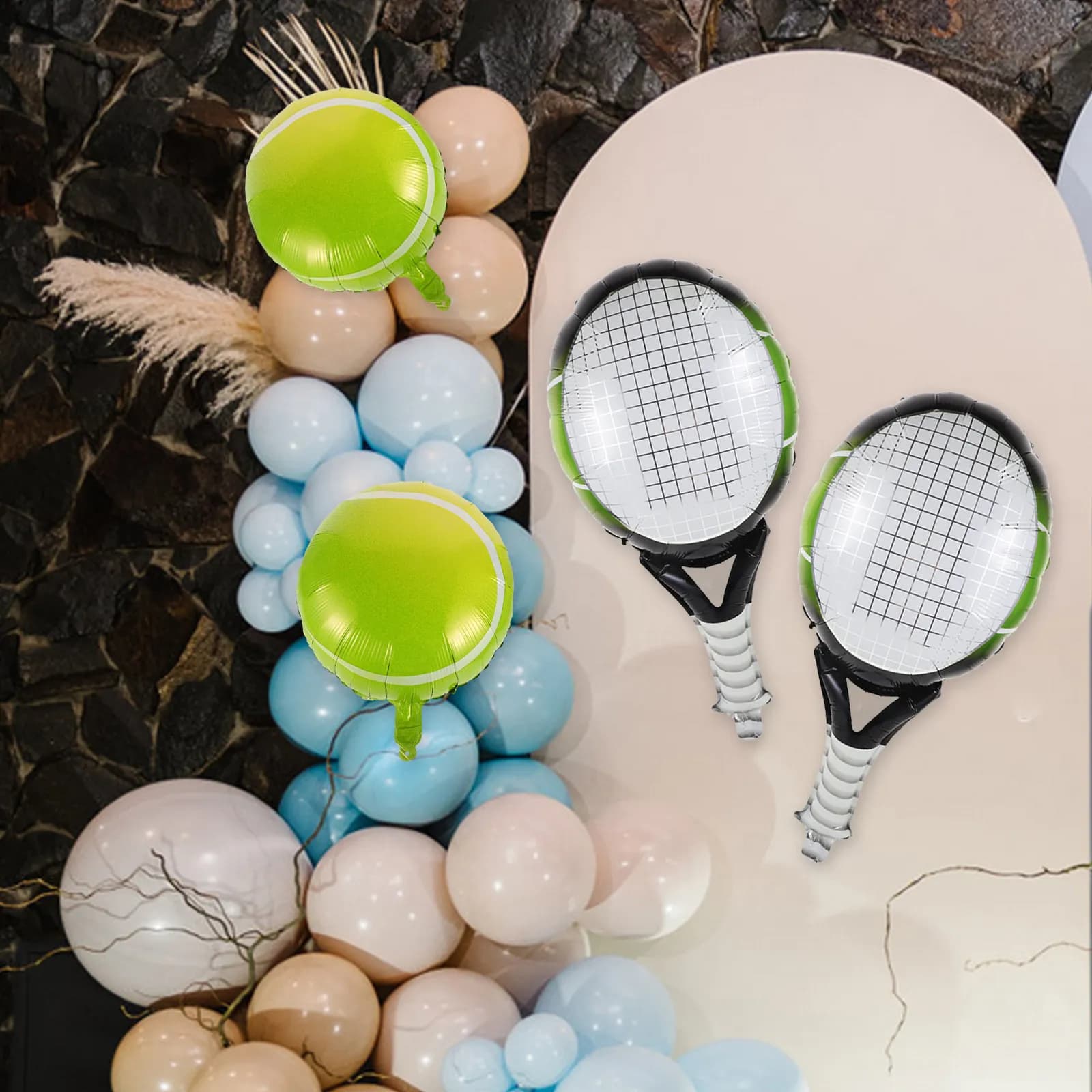 Set di Palloncini a Tema Tennis: Racchetta Verde, Pallina Scura, Decorazioni per Feste di Compleanno, Accessori Sportivi