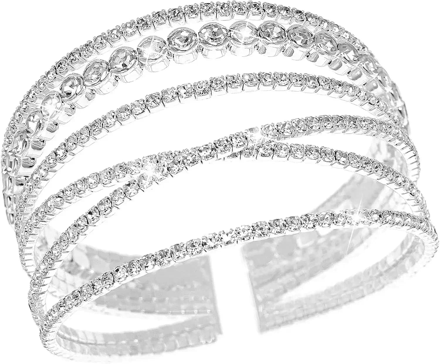 Bracciale con Strass per Donne, Bracciale Multistrato in Argento, Bracciali da Sposa con Cristalli