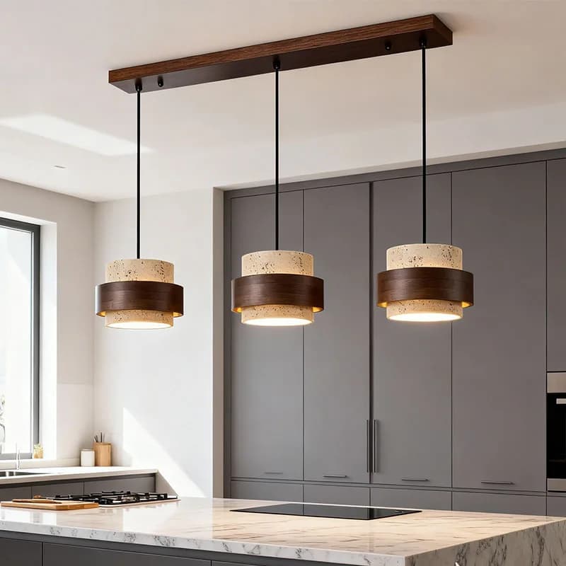 LED Small Stone Lamp Yellow Travertine Pendant Lights Wood Walnut Hanging Light Bedroom Bedside Decorative Lighting Fixtures