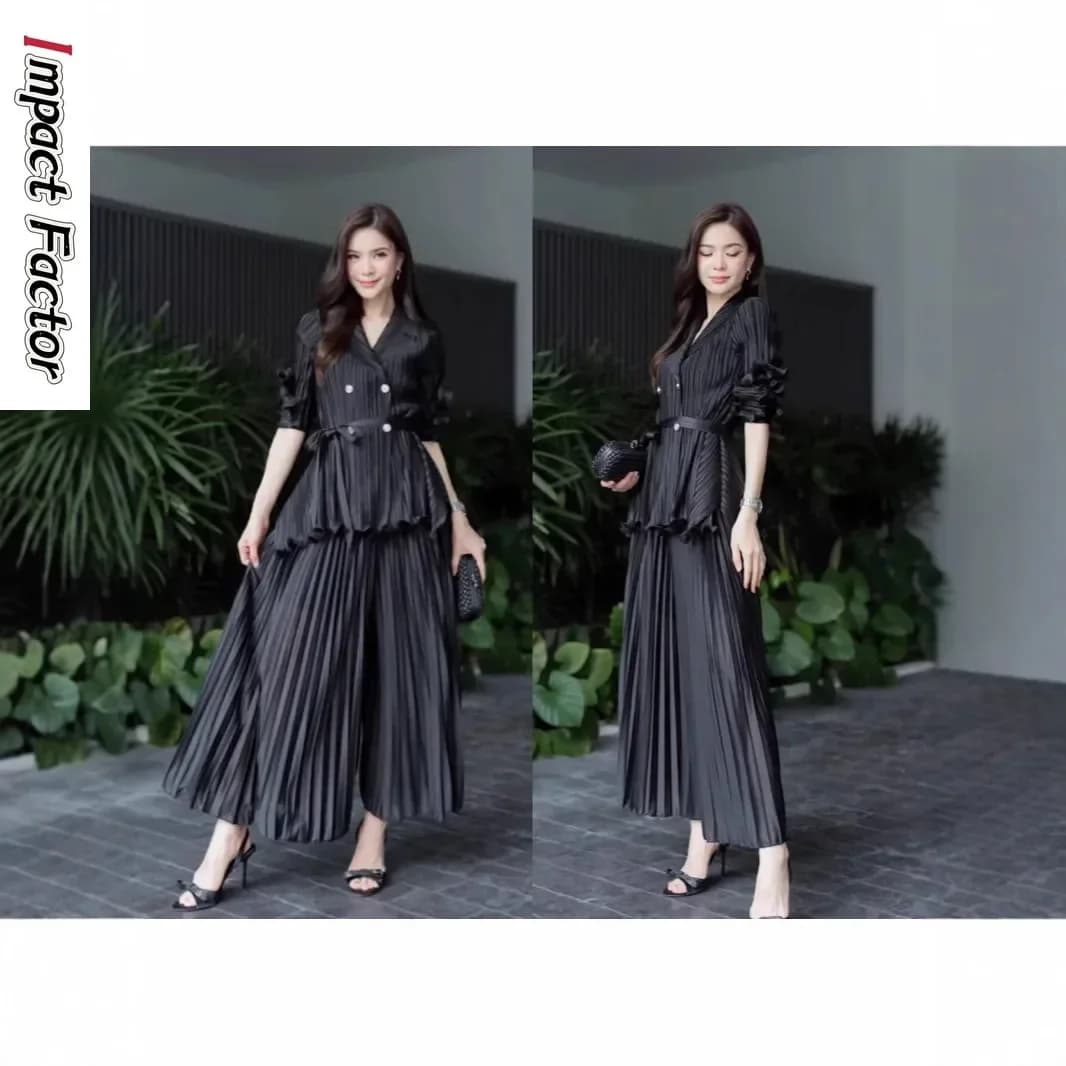 Pantaloni a pendolo pieghettati Miyake Casual Tinta unita Primavera Autunno Abito a pieghe Pantaloni a gamba larga alla moda ed eleganti Set da due pezzi