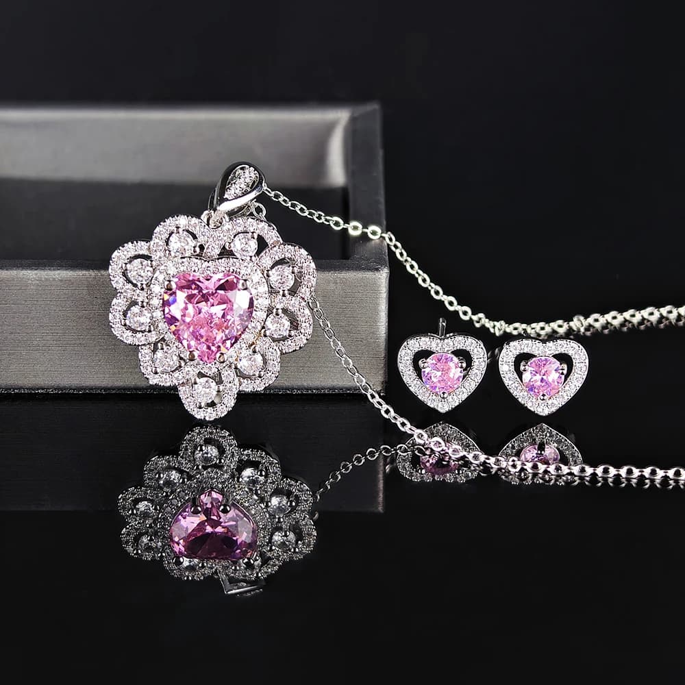 Moonso Set di gioielli di lusso color argento rosa Orecchini con collana a cuore per le donne Regalo di San Valentino Articoli di spedizione gratuiti E710-x7181