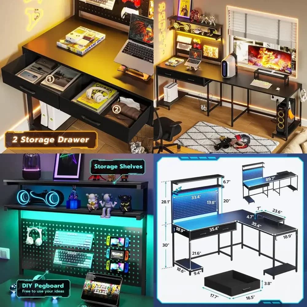 Scrivania da gaming a forma di L illuminata a LED con pannello forato, cassetti e supporto per monitor per una migliore organizzazione degli spazi