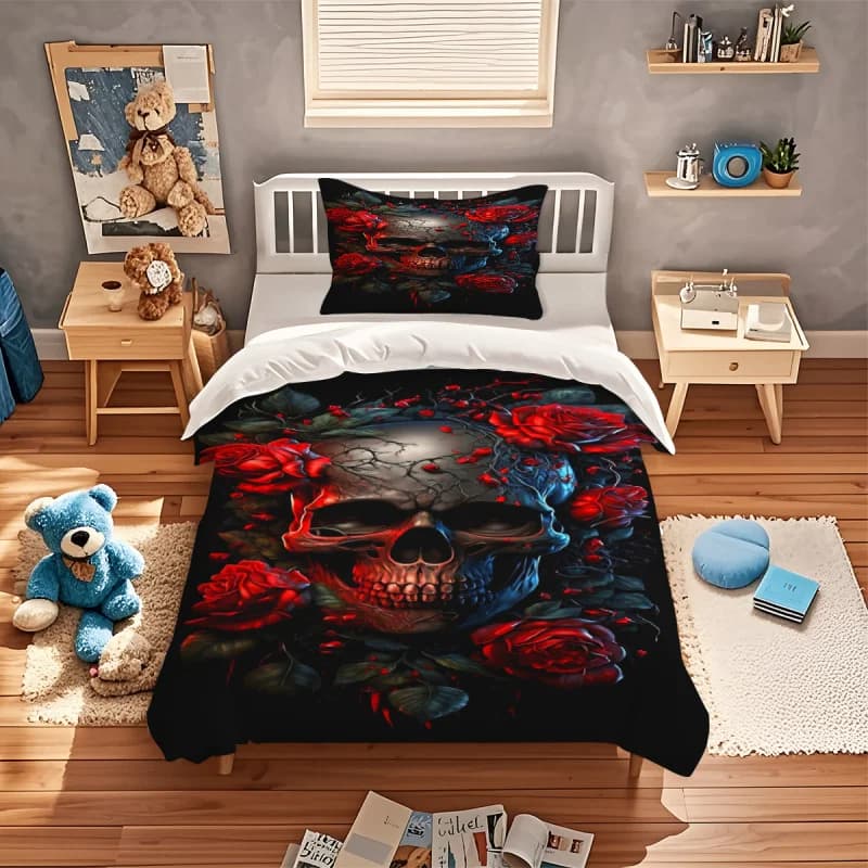 2/3Pcs Gothic Mexican Sugar Skull Woman Duvet Cover Bedding Set Floral & Skull Patterns - Ideal For Day Of The Dead Celebrations