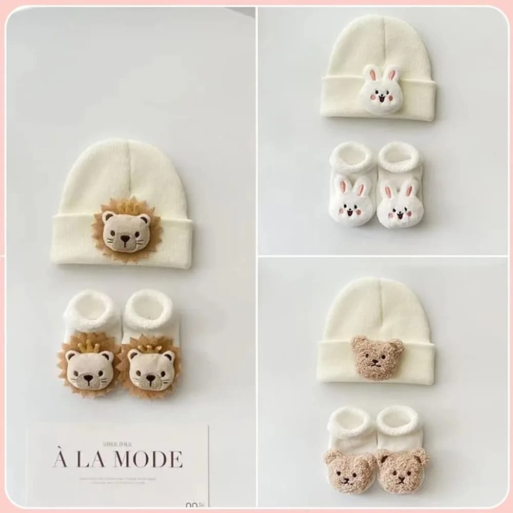 2PCS/Set New Cartoon Baby Hat Socks Winter Knitted Woolen Warm Pullover Hats Cute Animal Beanies Newborn Short Socks Boy Girl