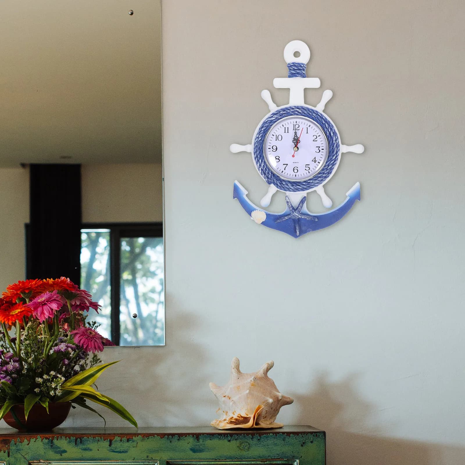 Orologio da Parete in Legno e Plastica a Forma di Ancora, Stile Mediterraneo, Orologio Creativo da Appendere per Soggiorno e Camera da Letto, Motivo a Stella