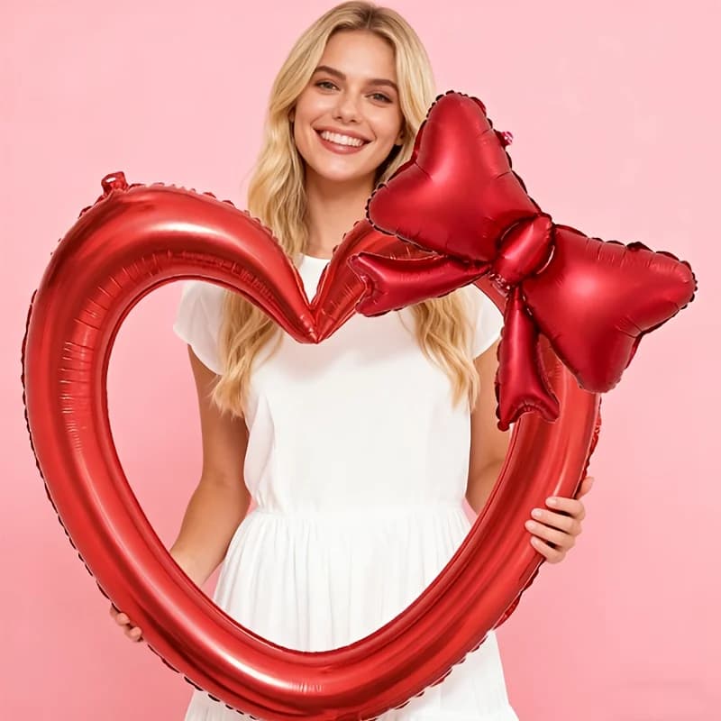 1Set Red Hollow Heart Foil Balloons with Matte Red Bow Birthday Parties Valentine's Day Wedding Decorations Photo Frame Balloon