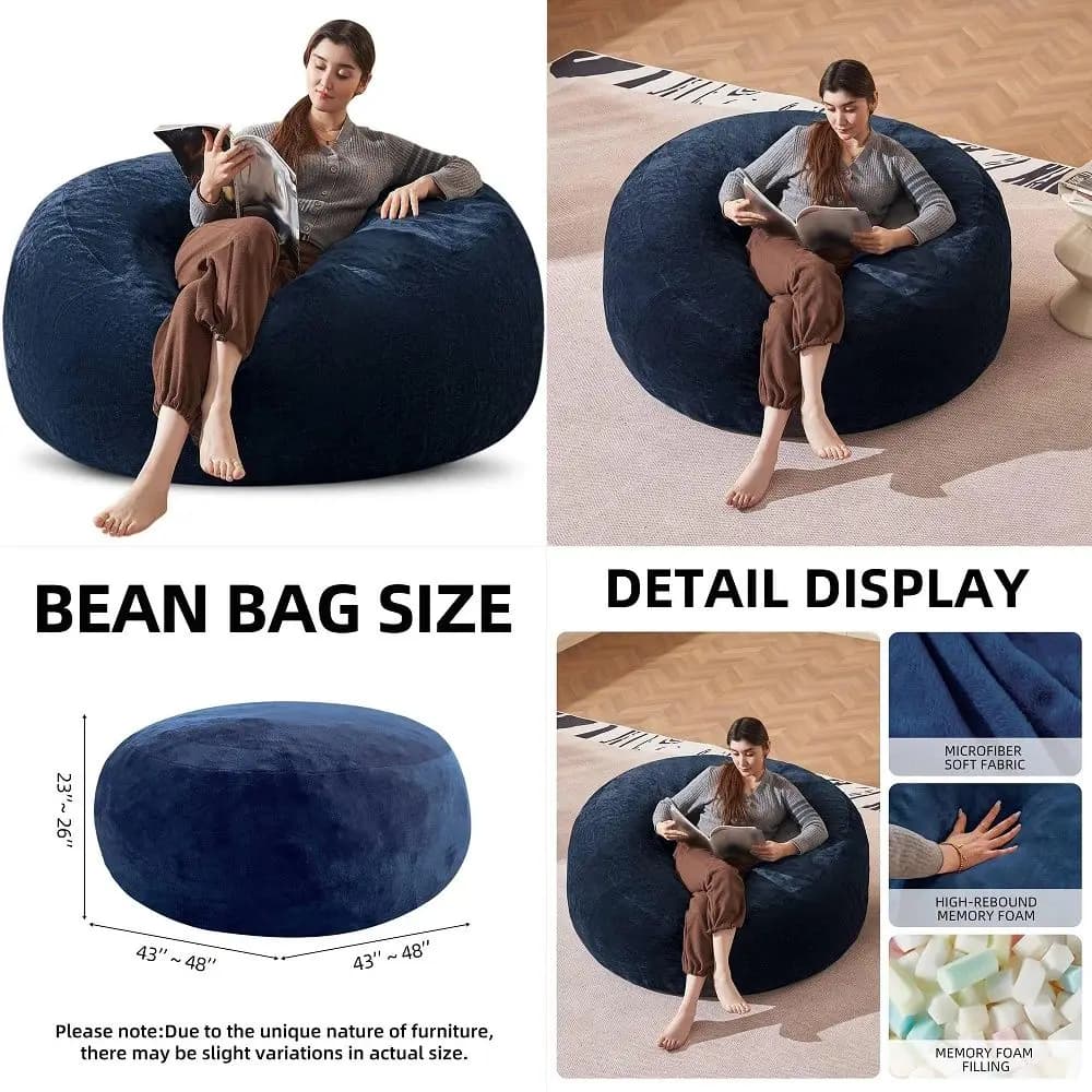 Bag Chair 4Ft, Memory Foam Filled, Large Beanbag Chairs for Adults and Teens, Soft Sofa with Removable Flannel Cover, Round Cou