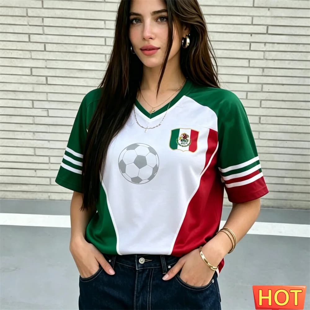 Maglia da calcio messicana da donna con scollo a V, traspirante, in poliestere, per l'estate 2026
