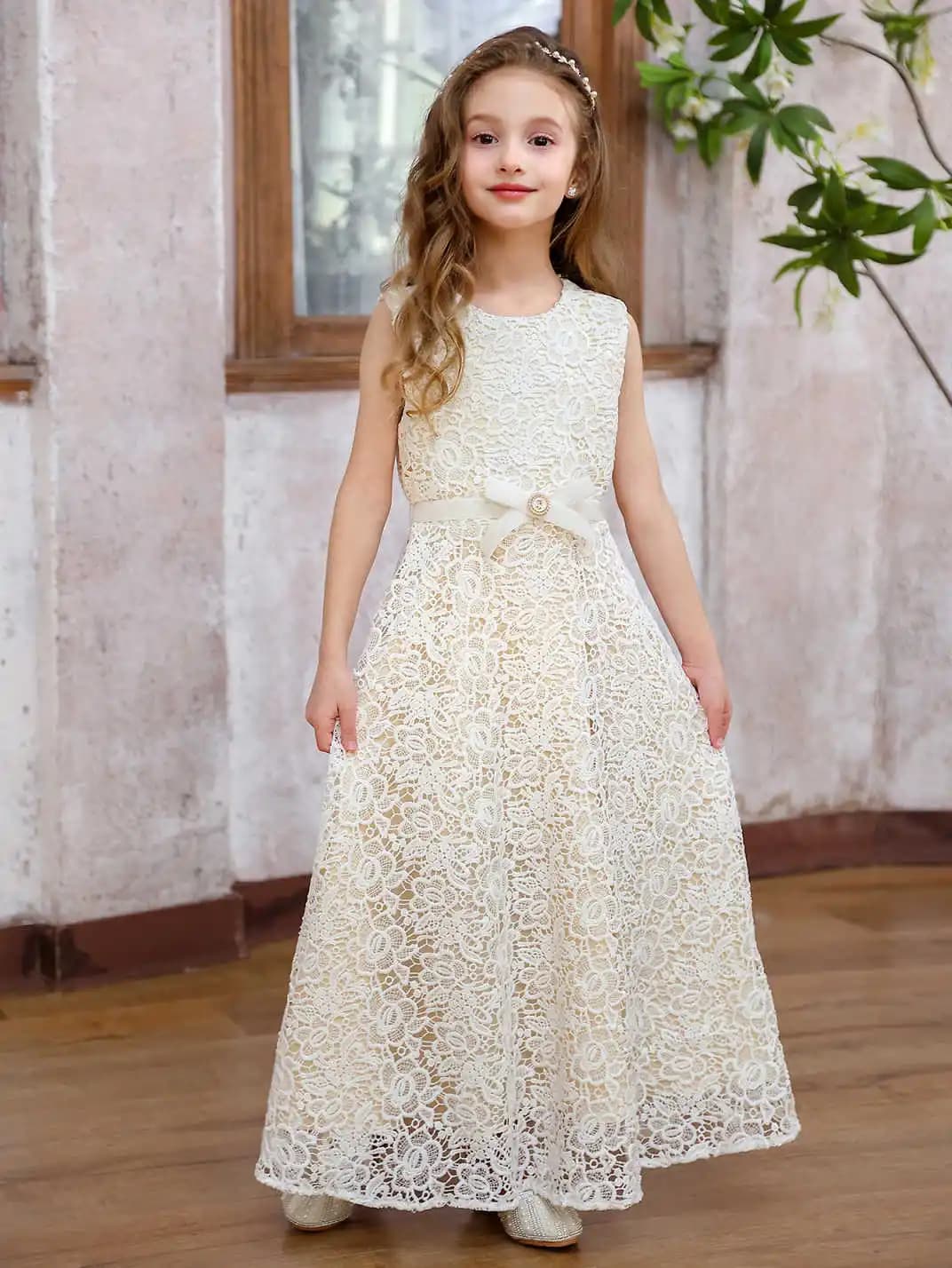 Flower Girl Wedding Dress, Floral Design Cable, Elegant Princess Dress with Bow Belt, Suitable for theatrical shows, events, parties, gifts