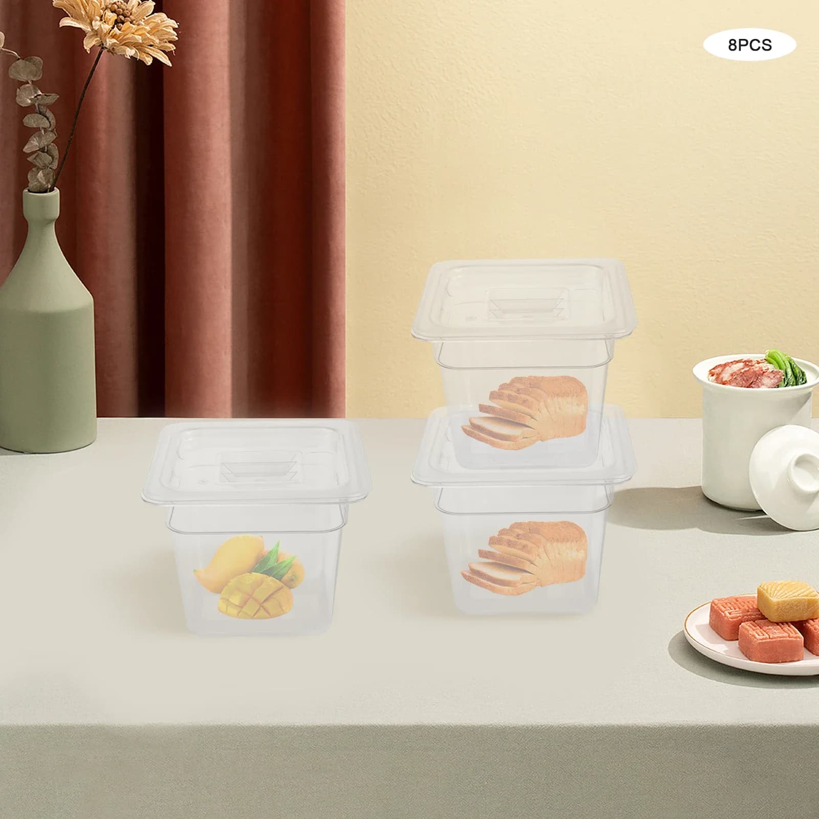 Contenitori per alimenti quadrati trasparenti da 8 pezzi da 6 pollici profondi, dimensioni 1/6, con coperchi, contenitori riutilizzabili per la preparazione dei pasti da cucina e ristorante