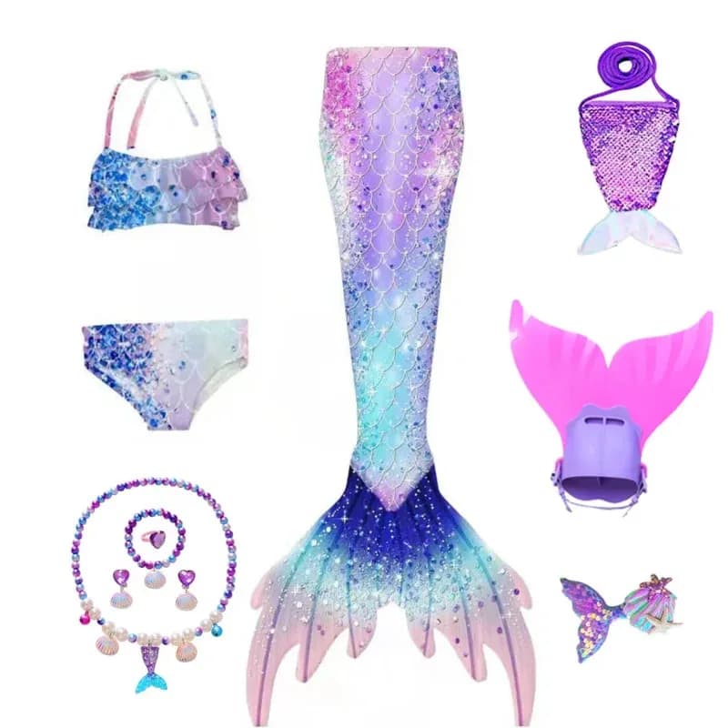 ♥ New 2026 Kids Swimming Tails Girls Mermaid Costumes can add Monofin Children Beach Bikini Swimsuit Mermai ★Bear House