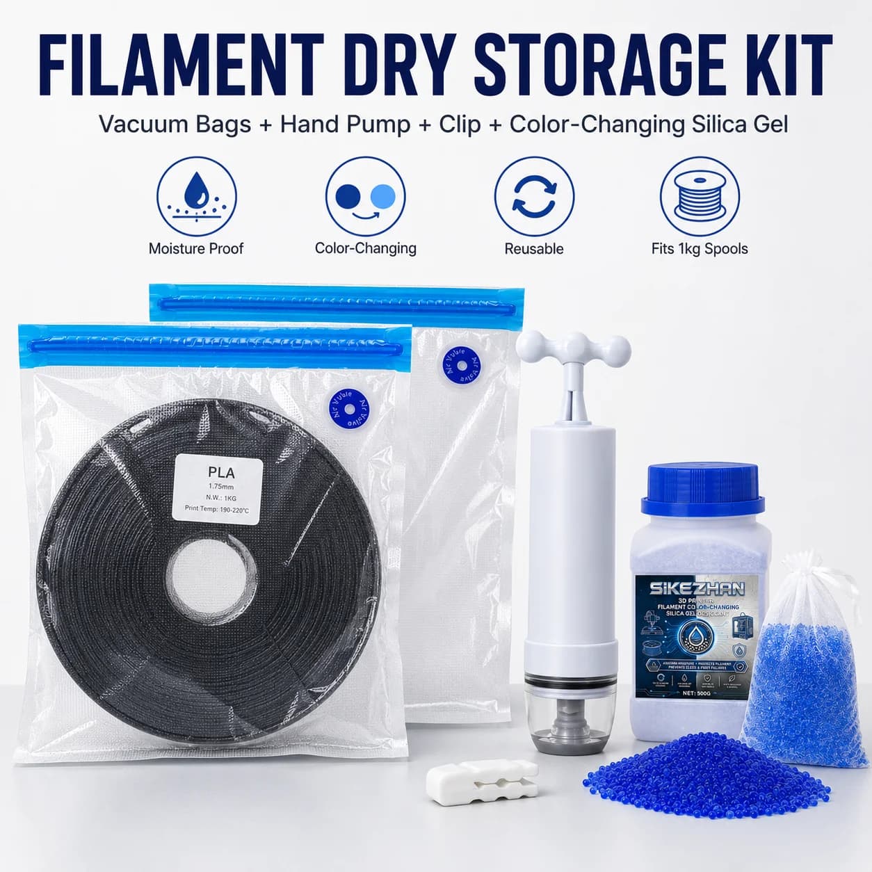 3D Printer Filament Vacuum Storage Bags Kit with Hand Pump Clip Color-Changing Silica Gel for PLA PETG ABS TPU Nylon 1kg Spools