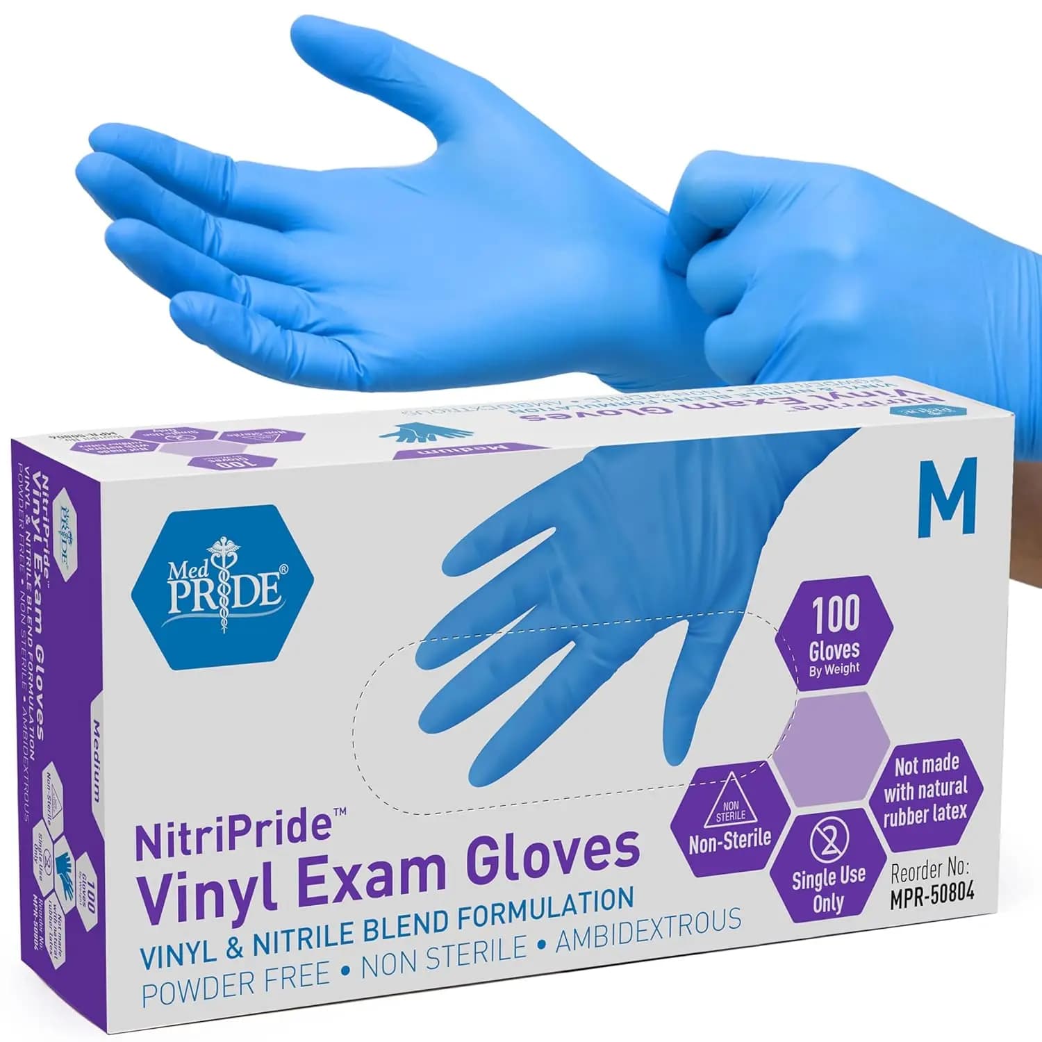 Powder-Free Nitrile/Vinyl Blend Exam Gloves, Latex-Free, Disposable, Blue, Medium, Box of 100