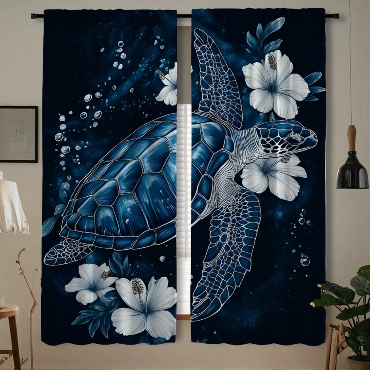 Aesthetic Blue Sea Turtle Curtain Drapes Deep Sea Ocean Floral Skeleton Nautical Window Curtains Home Decor Boho Living Room