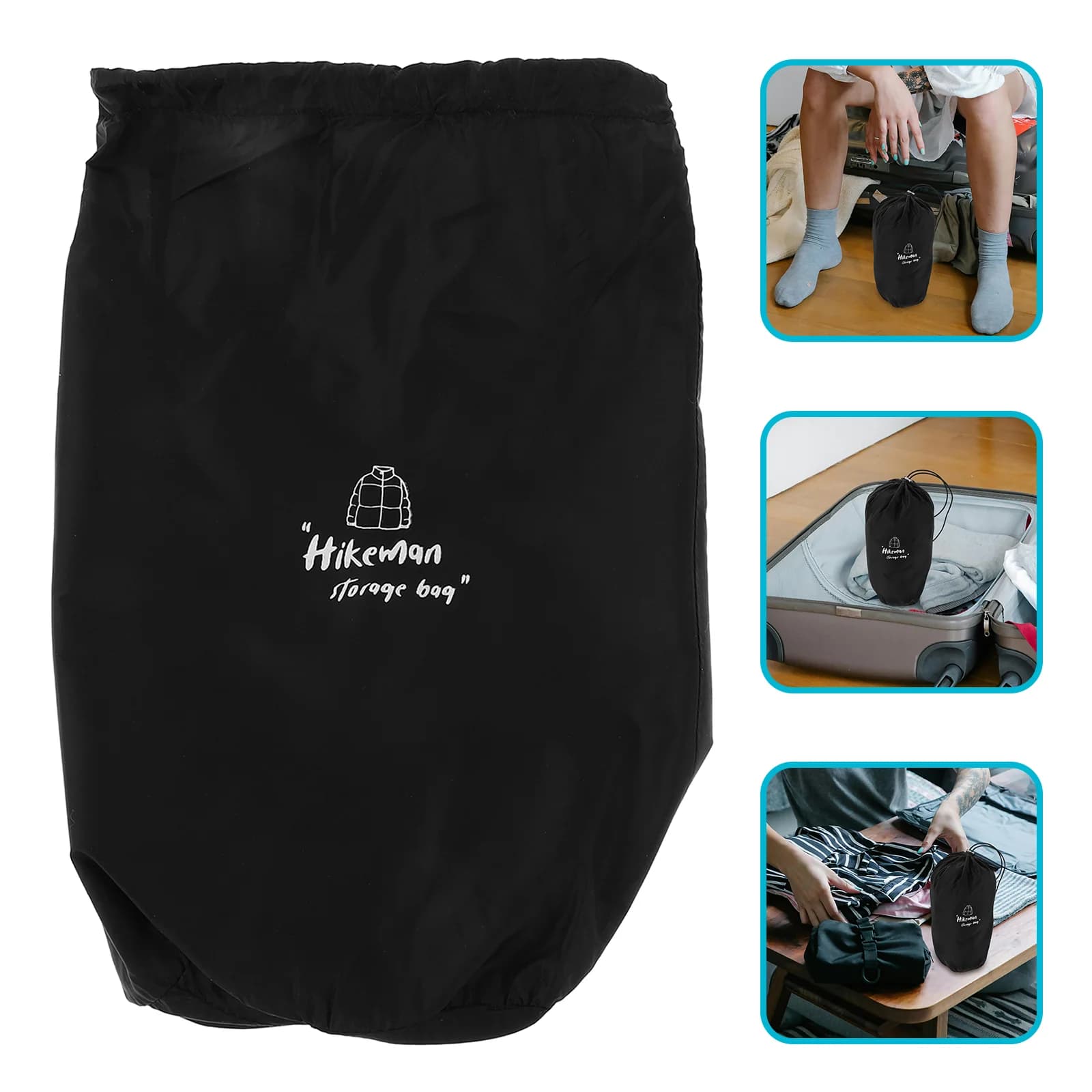 Zaino con coulisse Piumino Borsa portaoggetti Borse a compressione per campeggio Viaggio a pelo nero resistente all'acqua