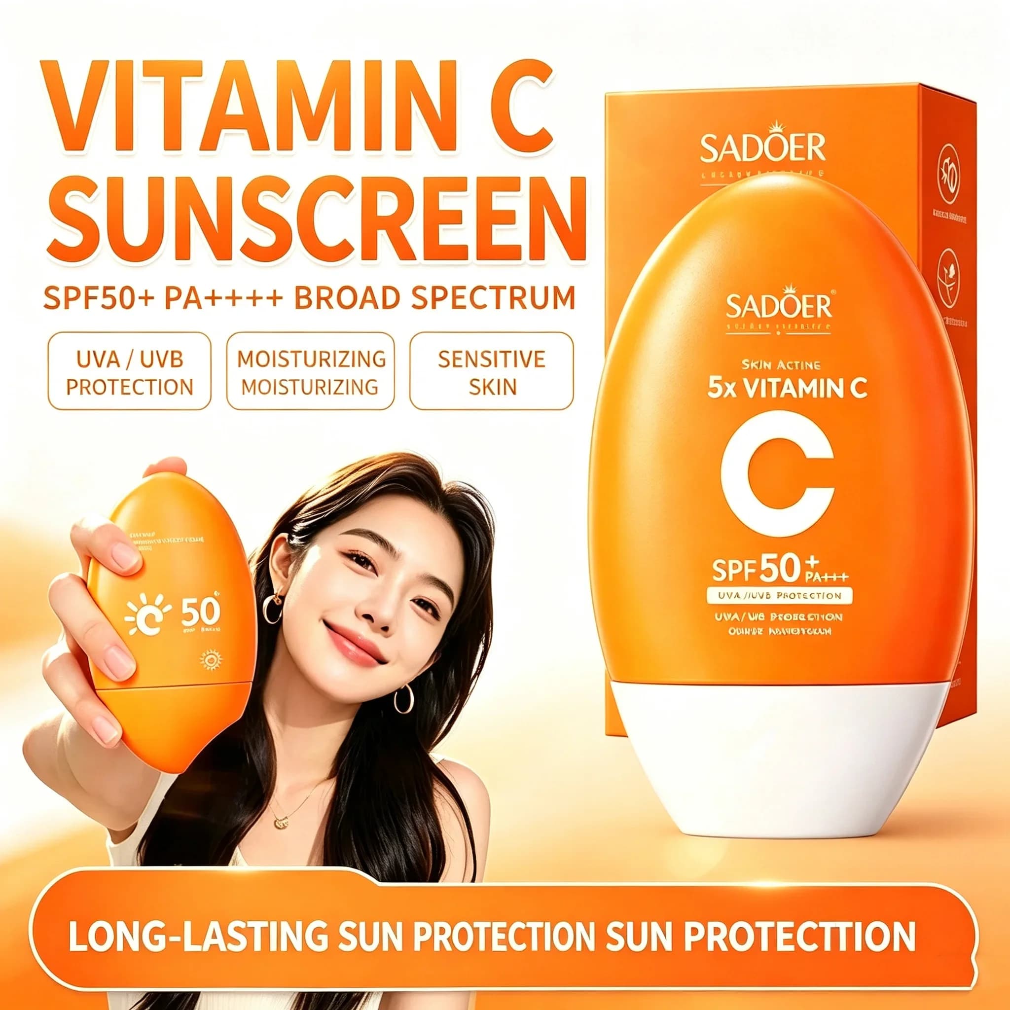SADOER Vitamin C Brightening Sunscreen SPF 50++ Non-greasy Face Sunblock Lightweight Daily UV Protection Cream for Women