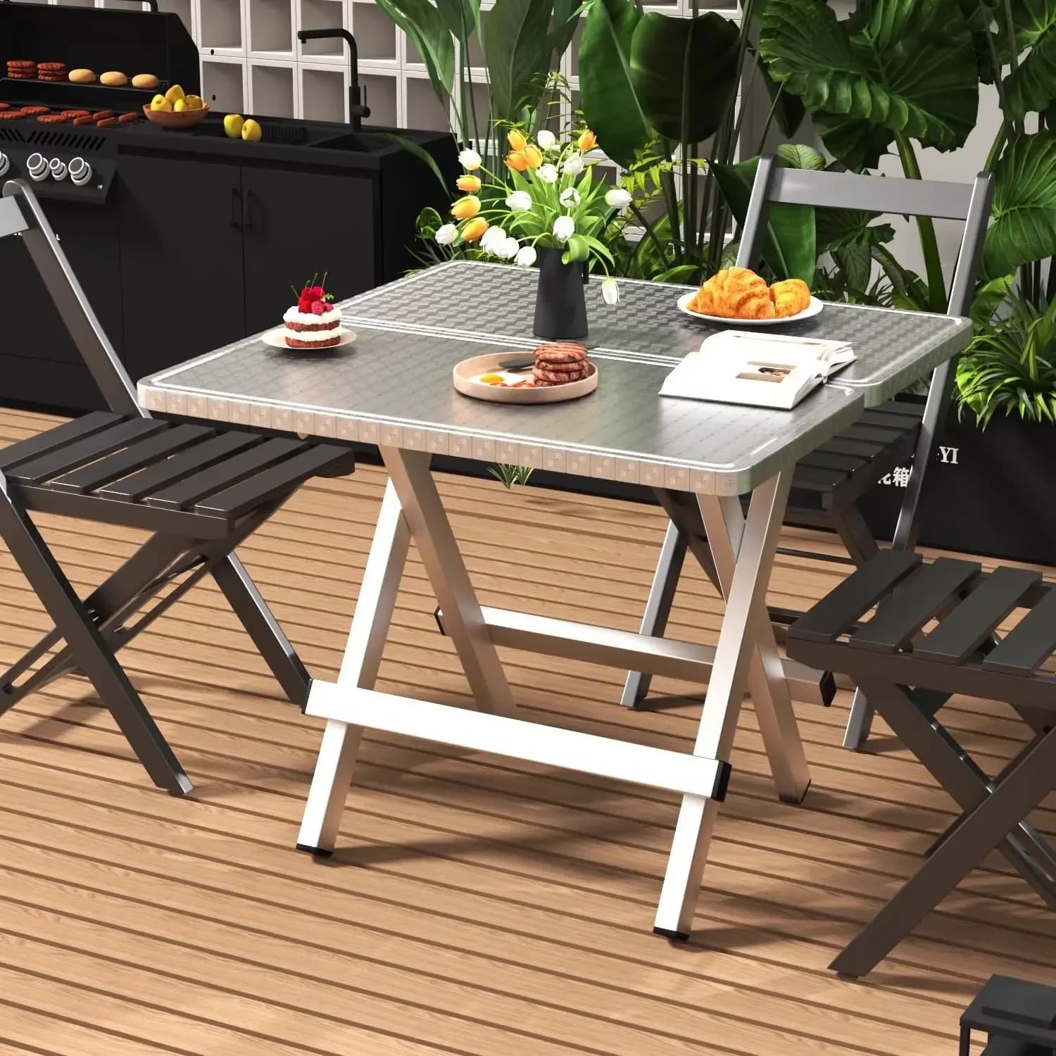 304 Stainless Steel Outdoor Folding Table Sturdy Legs Crossbar Portable Camping Picnic Table No Assembly Required Furniture