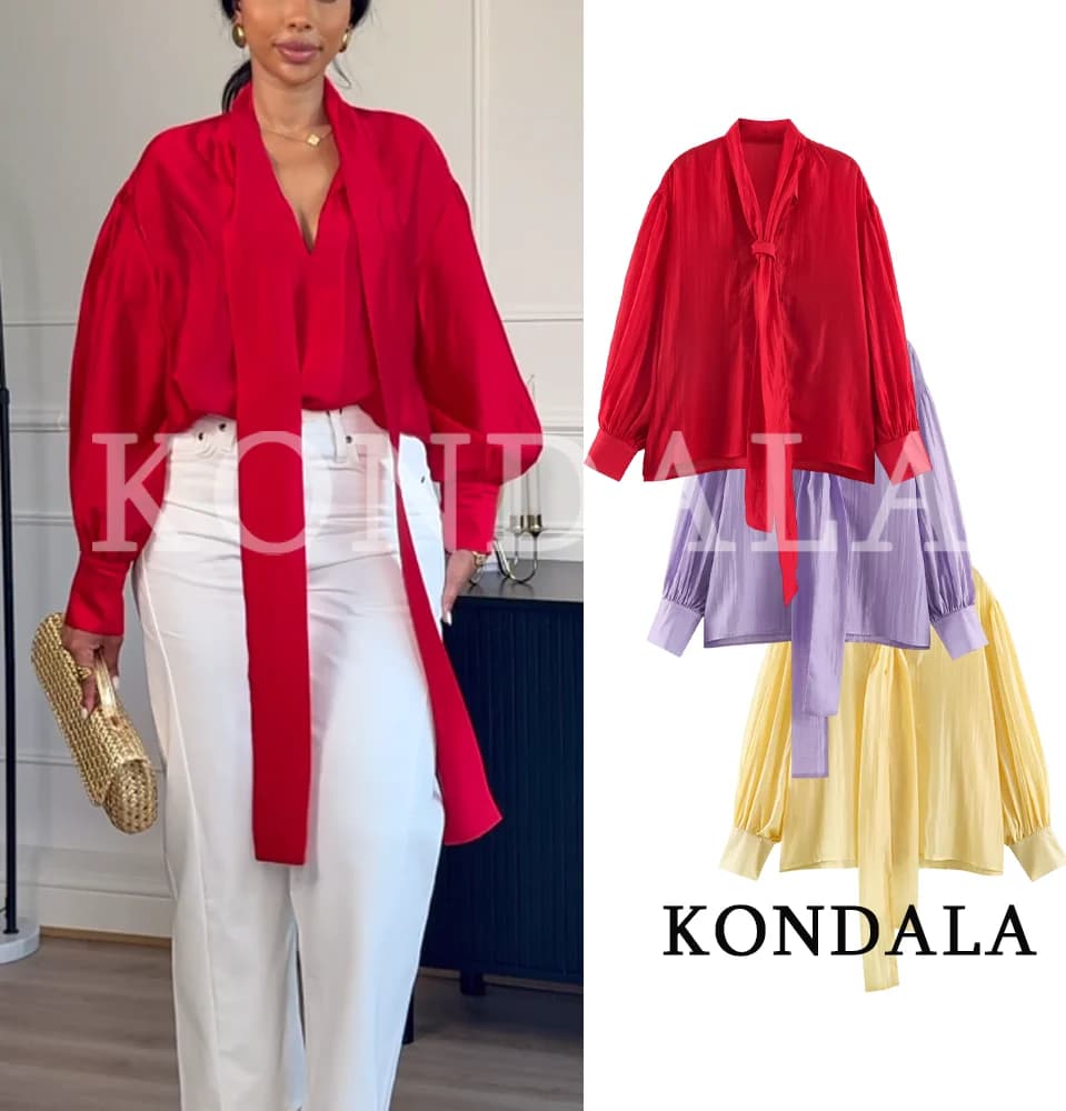 KONDALA Elegant Chic Bow Thin Satin Shirts for Women 2026 Summer Fashion Holiday Casual Shirts High Street See-through Shirts