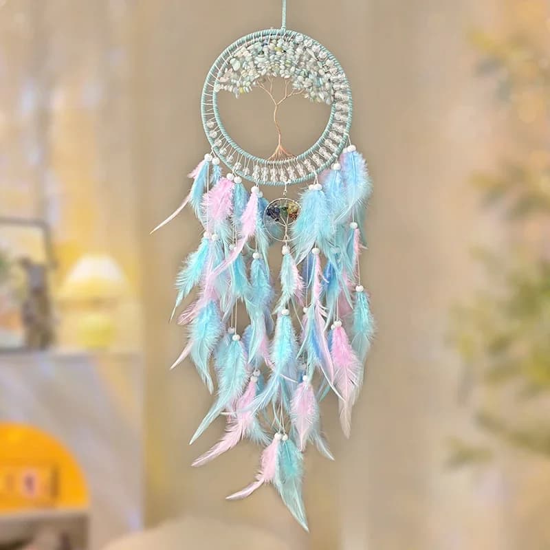 Handmade Crystal Stone Wind Chimes Dream Catcher Colorful Feathers Bedroom Hanging Ornaments Wall Pendants Festival Party Gifts