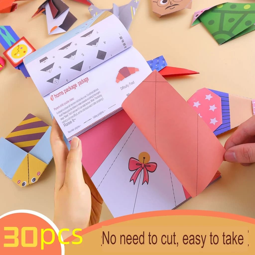 Educational paper origami book: DIY fun 3D handicrafts. Creative colored paper, handmade gift