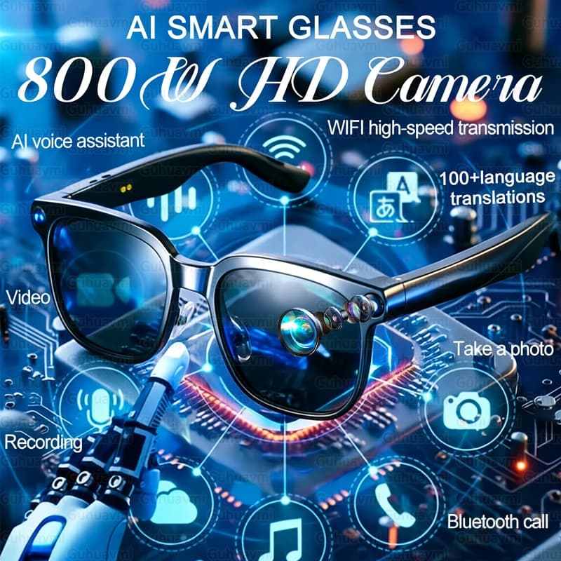 Nuovi Occhiali Smart AI 2026 con Fotocamera HD 4K 800W, Memoria 32GB, Traduzione in oltre 139 Lingue, ChatGPT, Musica, Foto e Video - Occhiali da Sole Uomo Donna