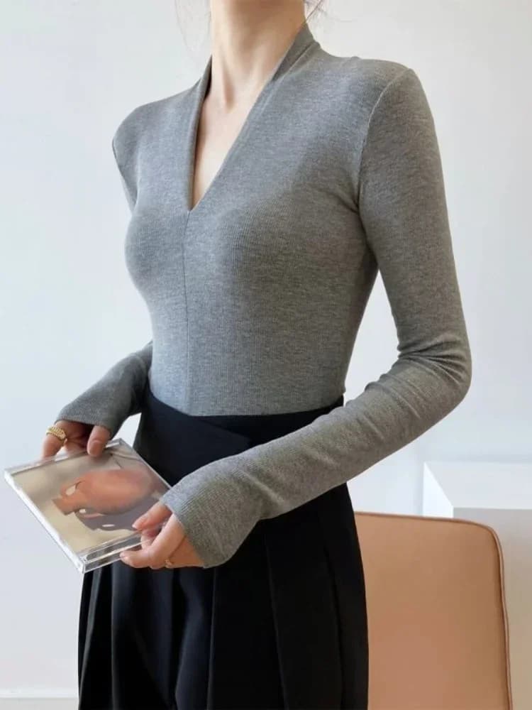 Camicette Eleganti da Donna con Scollo a V, Maniche Lunghe, Slim Fit, Tinta Unita, Sexy, Primaverili, Moda 2026