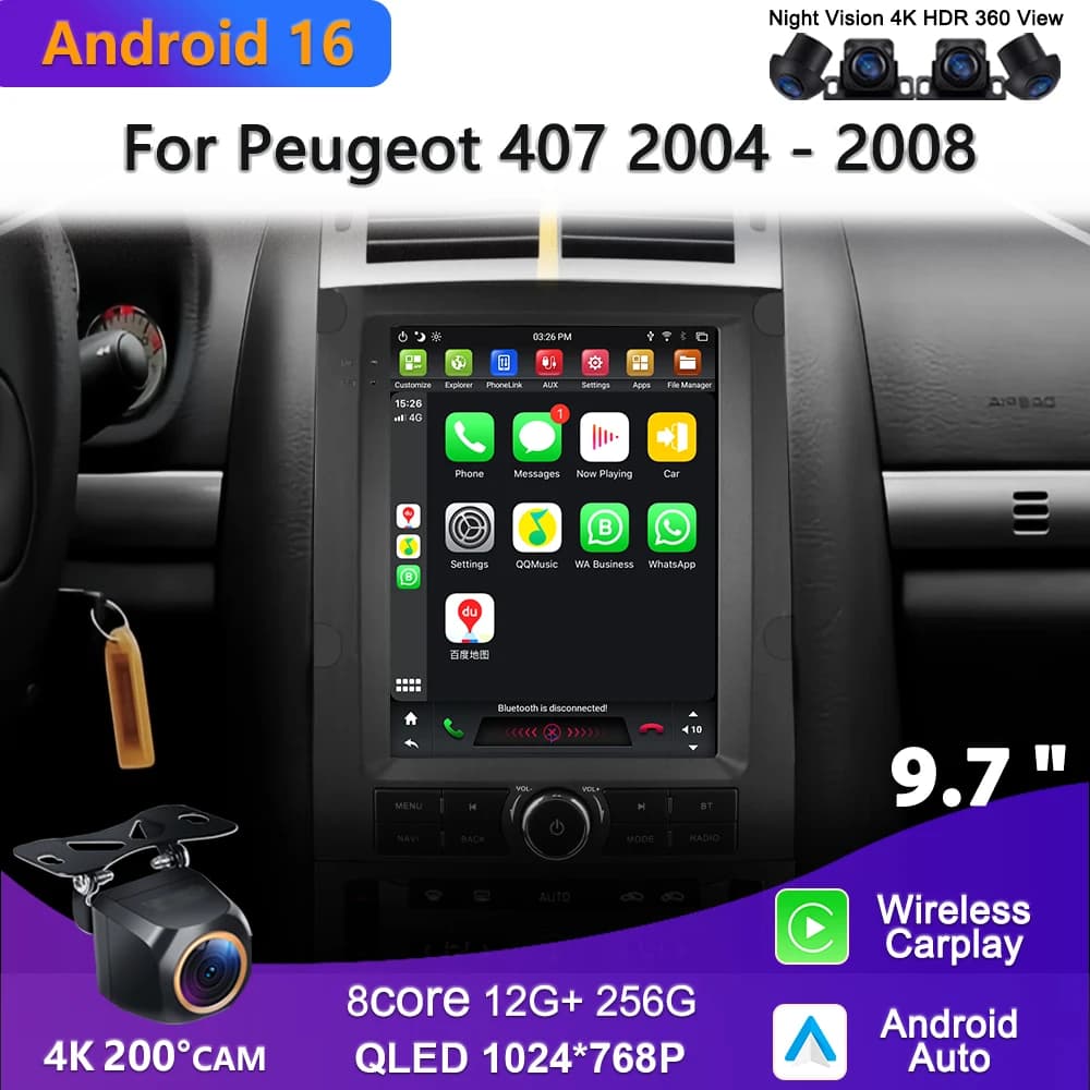 Schermo da 9.7'' Android 16 per Peugeot 407 2004 - 2008 Stereo Carplay Lettore multimediale video 4G Navigazione GPS Radio No 2din DVD