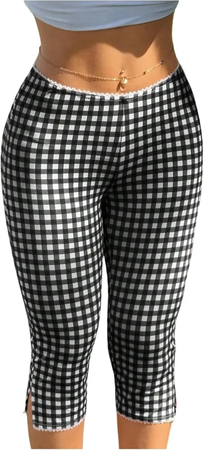 Milumia Women's Plaid Print Capri Leggings Low Waisted Split Hem Cropped Pants