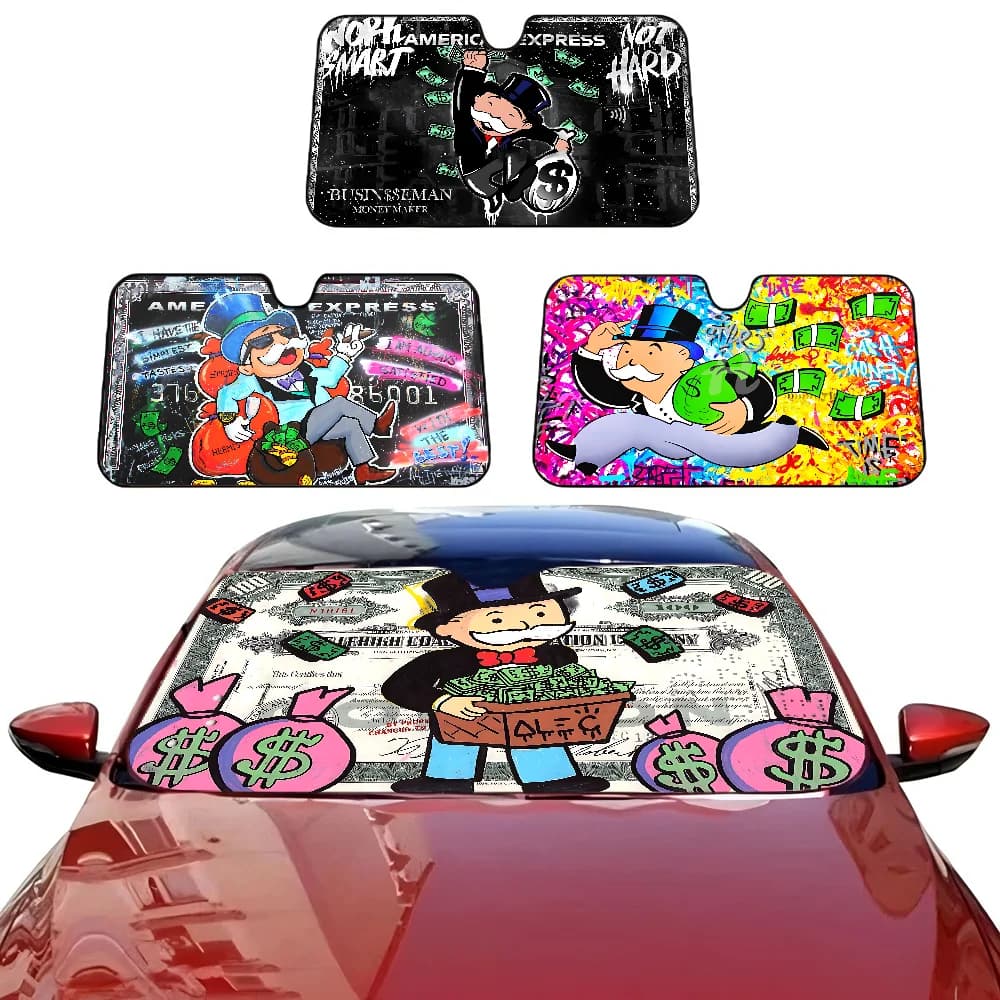 Cartoon Luxury D-Dollar M-Monopoli Parabrezza per auto Pieghevole Parasole Blocco di copertura Riflettore Schermo anti UV traspirante portatile