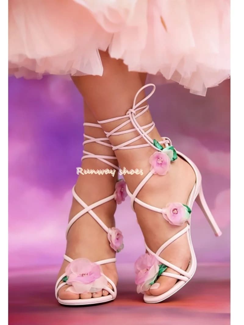Pointed Toes Sexy Flower Decorations Ankle Bandage Pink Sandals Stilettos Summer Style Luxury High Heels Lolita Style 2026