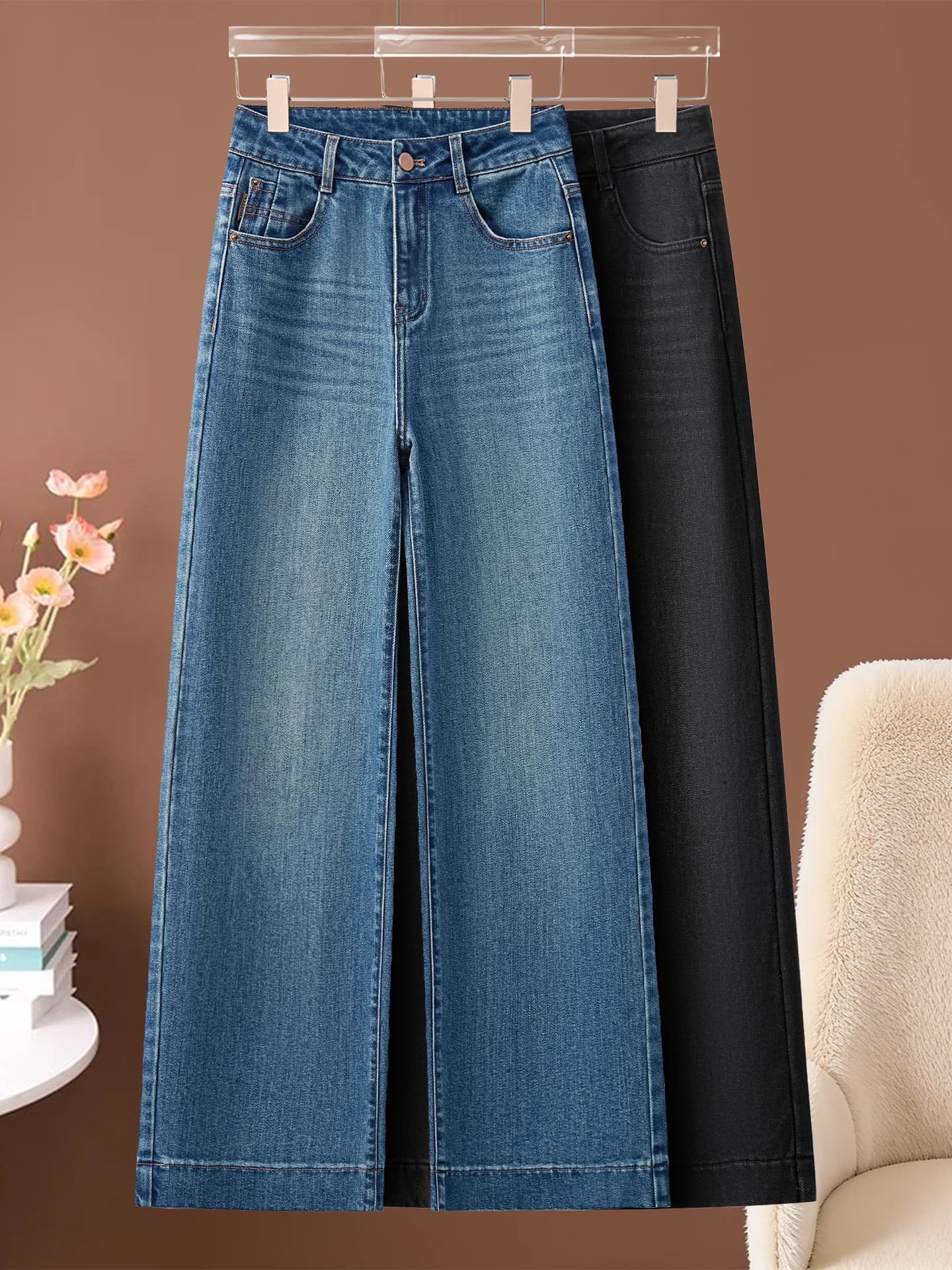 Retro High Waist Slim Fit Wide Leg Jeans Women's Casual Straight Cut Denim Pants Spring Autumn New Style Popular