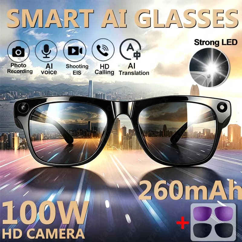 AI Smart Glasses with 100W HD Camera Anti Blue Sunglasses Voice Assistant Photo 3D Music Calling Smart Glasses For Men Women