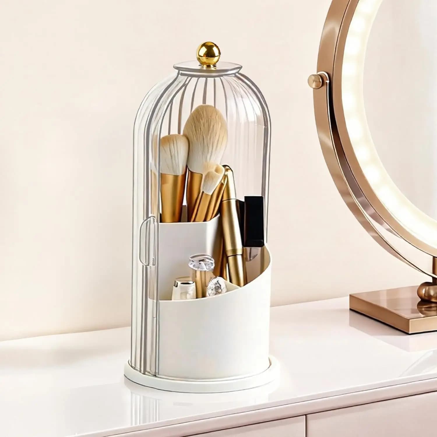 Clear Rotating Makeup Brush Organizer with Lid, 3 Compartments Dustproof Waterproof Cosmetic Storage for Dress Table Skincare To