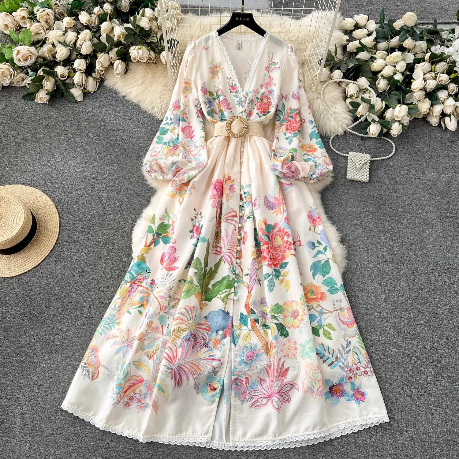 Summer Holiday Flower Robe Dress Women Lace Splicing V-Neck Long Lantern Sleeve Sashes Floral Print Maxi Vestidos Clothes 6272