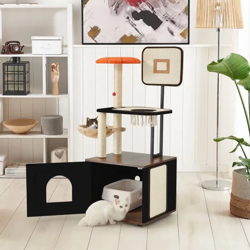 Albero per gatti da 50" in canestro da basket con custodia per lettiera per gatti, torre per gatti 2 in 1 con tiragraffi, nero/bianco