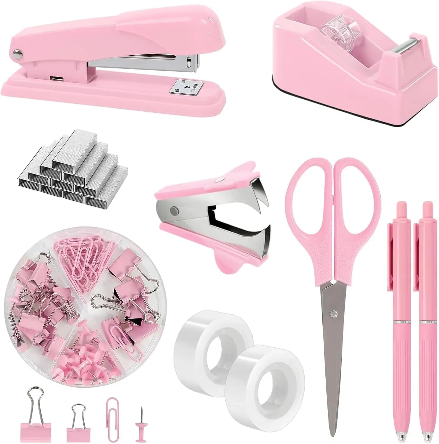 Pink Office Desk Accessories Set - Stapler, Tape Dispenser, Scissors, Clips & 1000 Staples